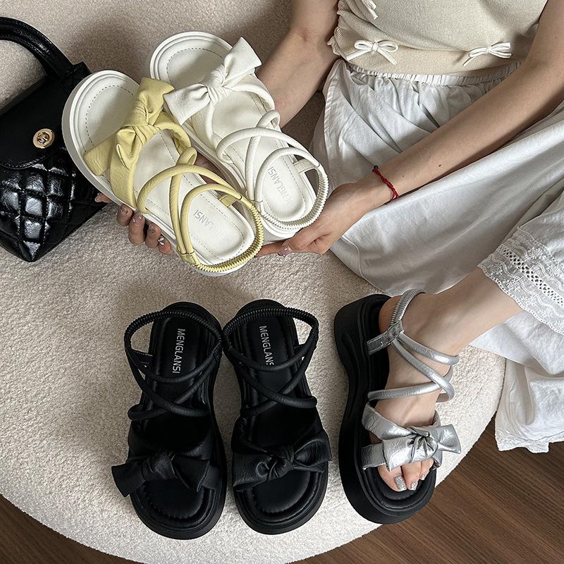 Fairy Wind Bow Sandals Female 2025 New Summer Wear Thick Sole Heightening Skirt Beach Roman Shoes