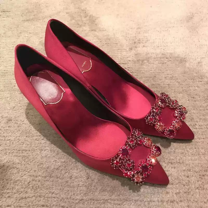 

[Su Yinyin of the same style] You must have it for marriage~ Satin light mouth square buckle flower diamond thin high heel single shoes women s wedd 40