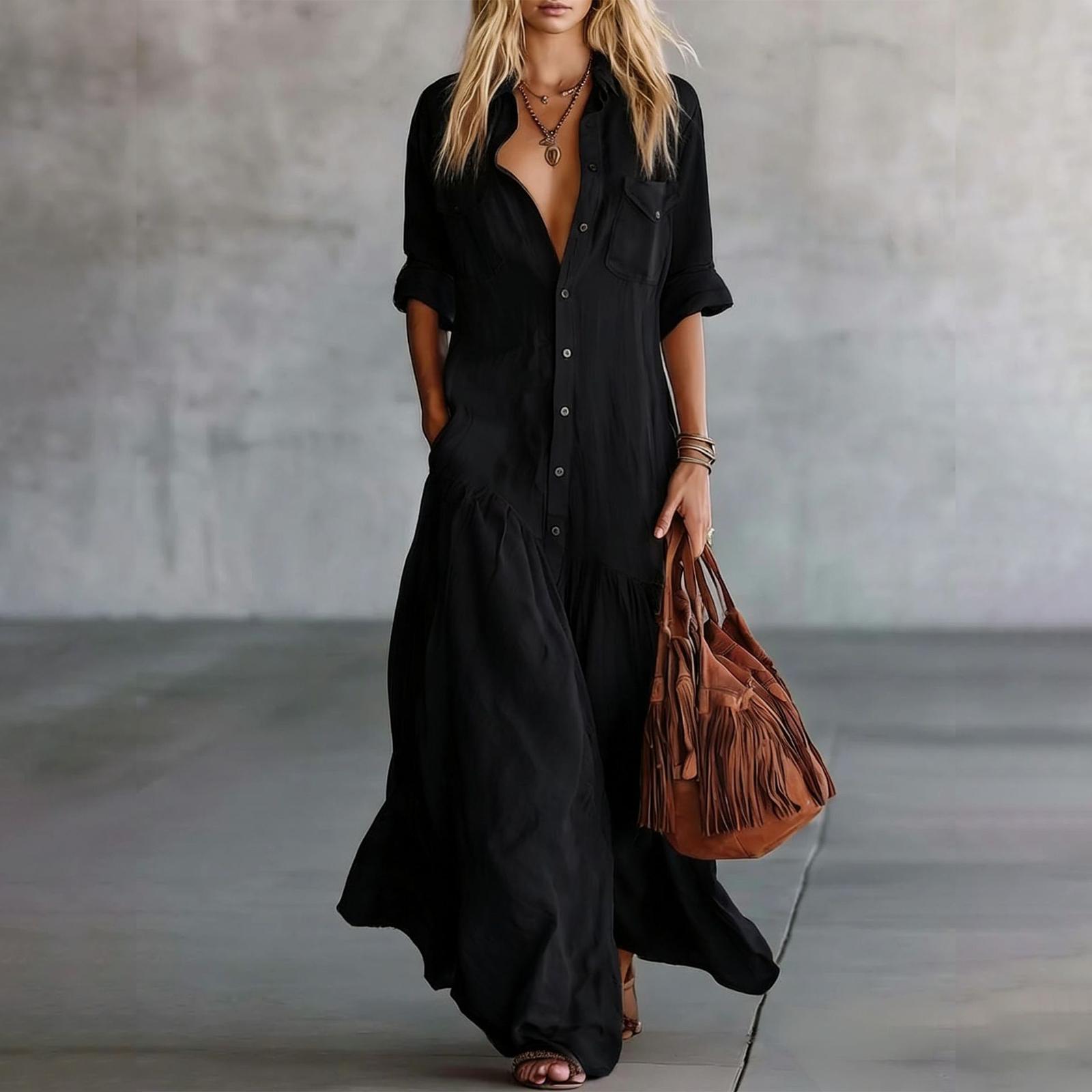 Ladies  Casual Long Shirt Collar Twisted Buckle Fashionable Patchwork Pocket Dress L чёрный