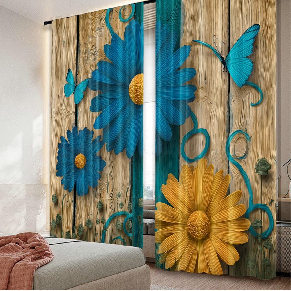 

Set Of 2 Flat Printing Drapes Floral Blooms Butterflies Digital Printed Polyester Family Party Festive Portraits Curtain W100*H70(CM)-Grommet top&2PCS