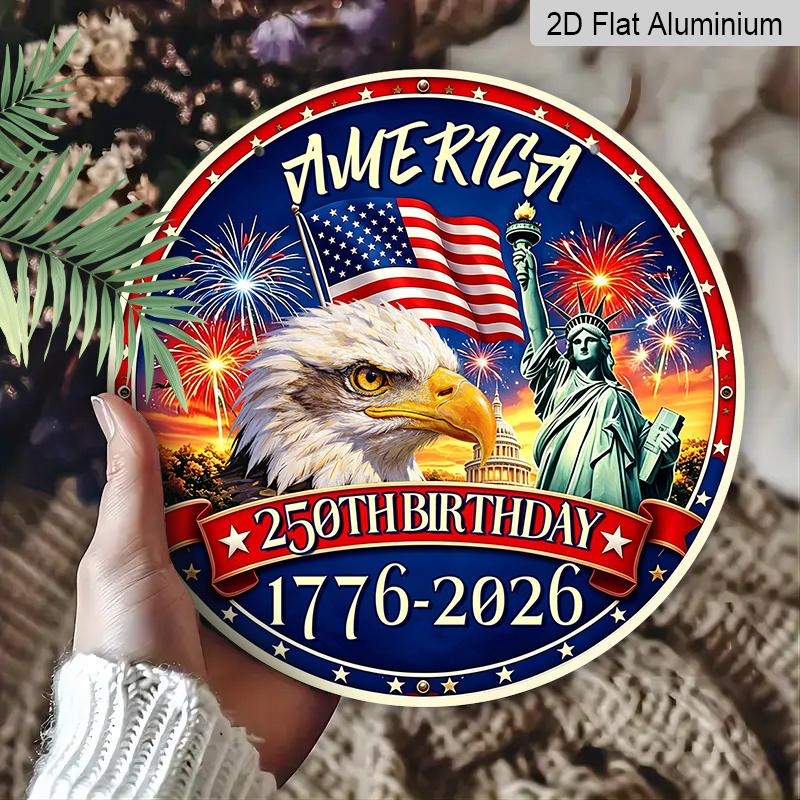 2D Flat 1pc America 250th Birthday 1776-2026 Patriotic Sign, Metal Wreath Round Sign, Decoration Plaque, Bedroom Door Decor, Outdoor Plaque & Wall
