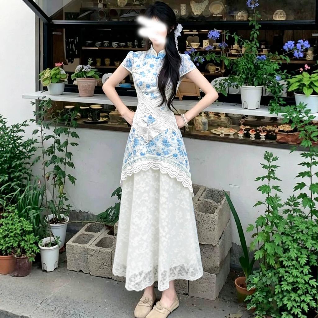 Chiffon cover new Chinese style floral improved cheongsam dress beautiful unique splicing waist temperament dress