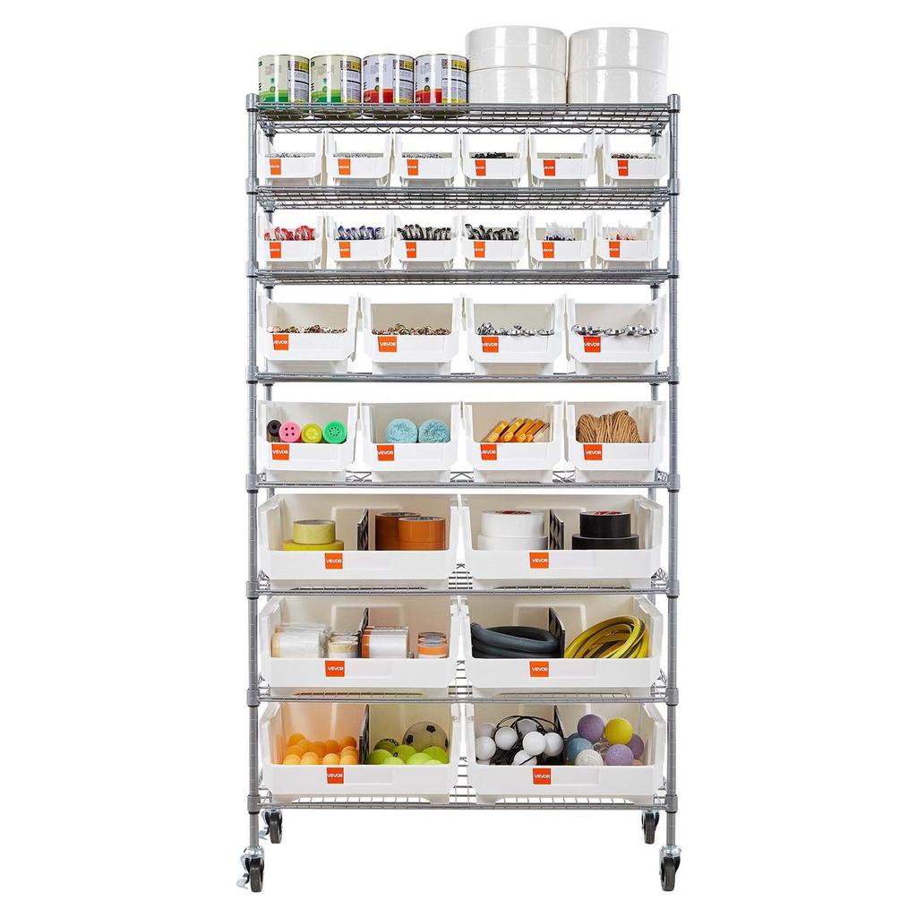 8-Tier Rolling Bin Storage Rack, 26 Organizer Bins, Bin Rack Storage Steel Wire Shelving System with Wheels, Mobile Tool Organizer for Garage,