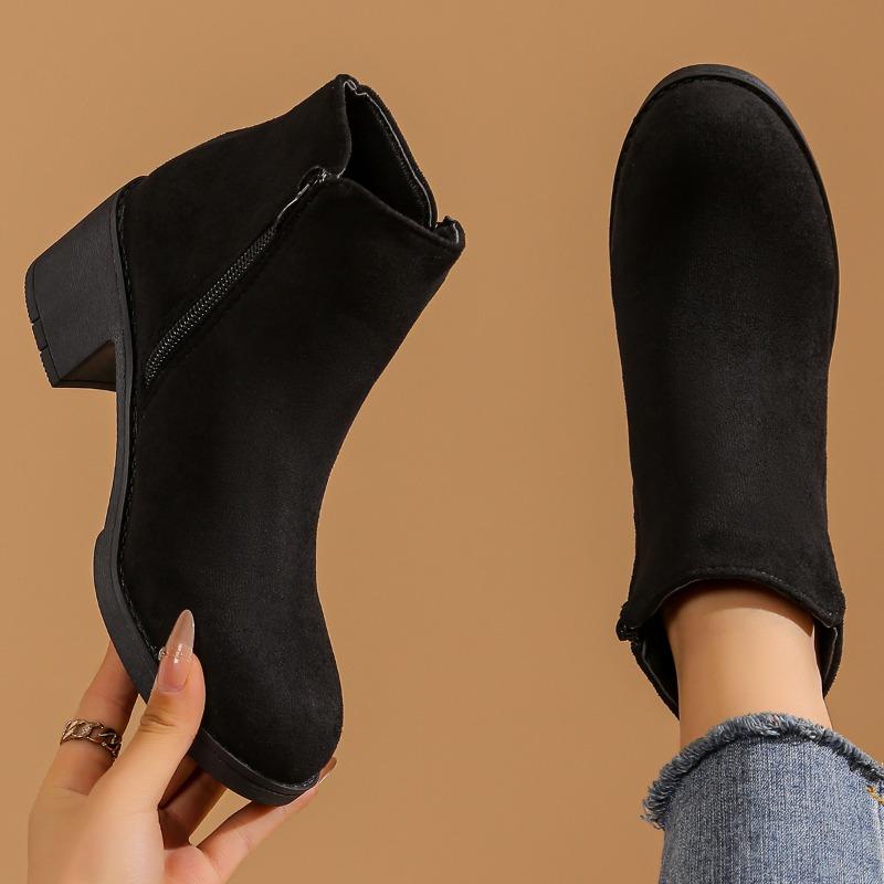Women's Chunky Heel Round Toe Suede Autumn/Winter New Fashion Mid Heel Side Zip Booties