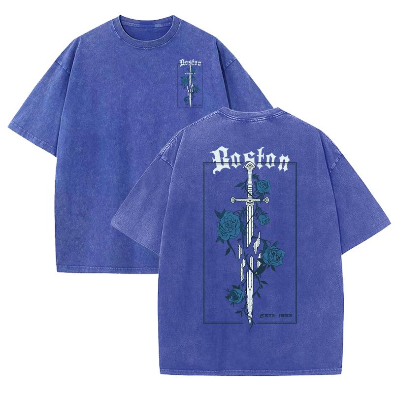 Rose And Sword Printed Washed neutral wear summer multi-color round-neck T-shirts, pure cotton clothing for both Women