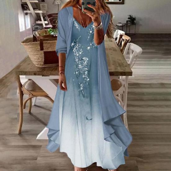 Women V Neck Print Cardigans Dress Chiffon Two Piece Suit Set Summer main image 0