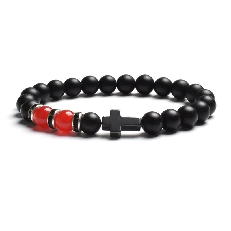 Fashion Religion Cross Men Women 8mm Natural Stone Tiger Eye & Black Matte Agates Bead Bracelet Elastic Bracelet Bangle Jewelry