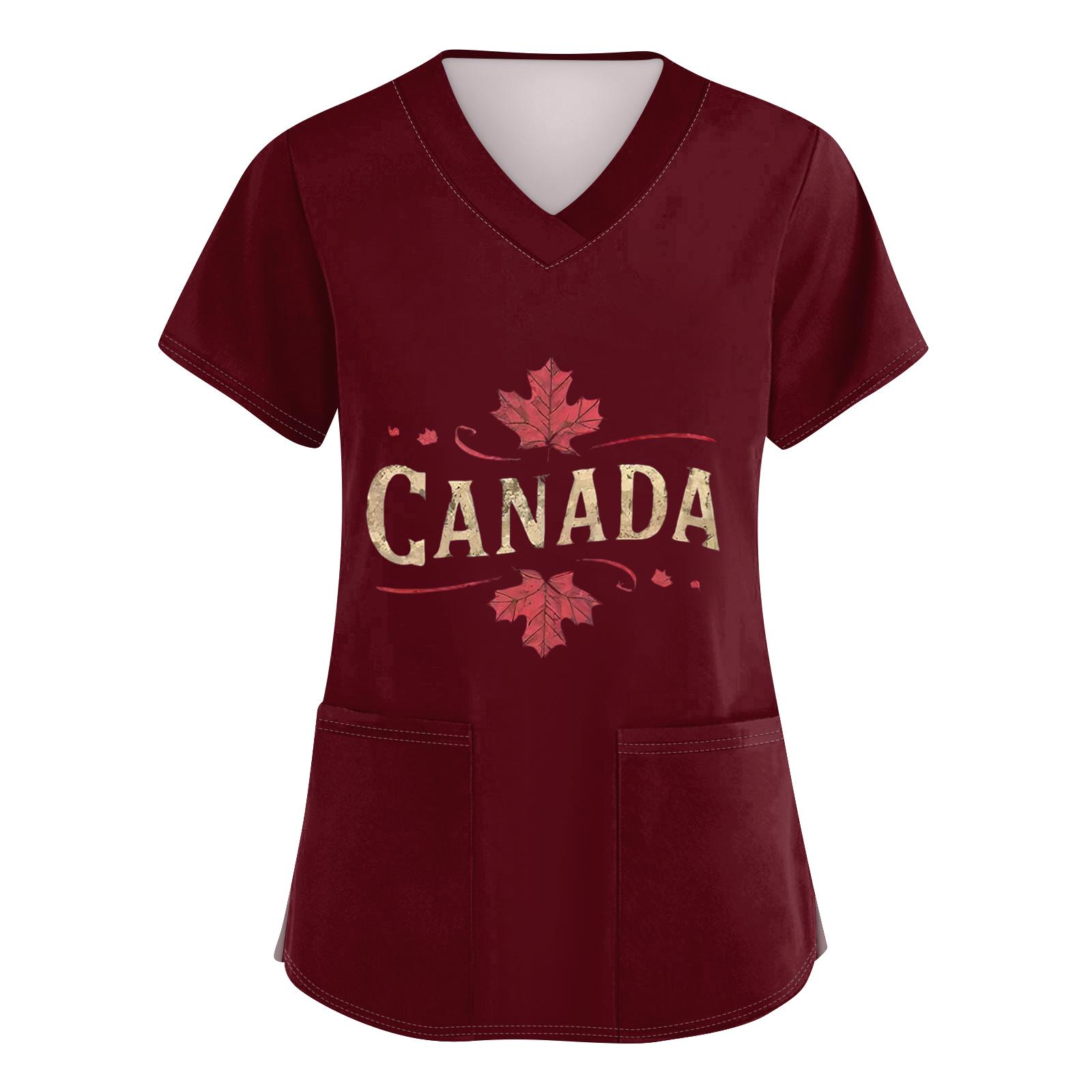 

Женские модные топы с короткими рукавами и V-образным вырезом с принтом, рабочие футболки с карманами XXL винный