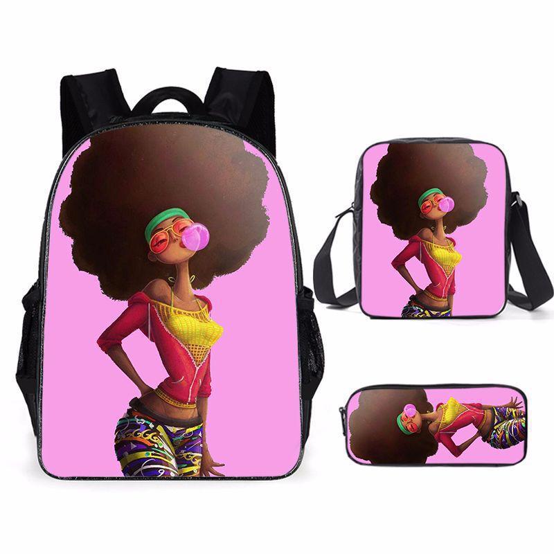 African Girl Schoolbag Three-piece Set, Primary School Students Backpack, Computer Bag, Large Capacity
