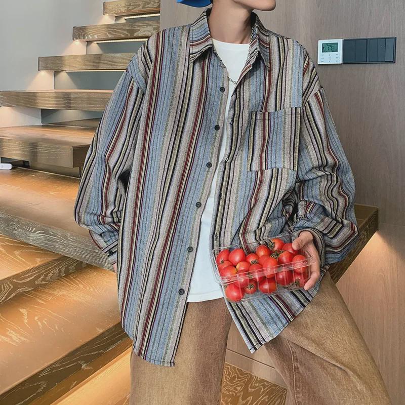 Men's Japanese Retro Striped Long-Sleeve Shirt – Spring/Autumn Casual Hong Kong Style Jacket