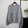 Autumn and winter new design sense heavy industry crochet knitted cardigan loose soft waxy crew neck sweater jacket women