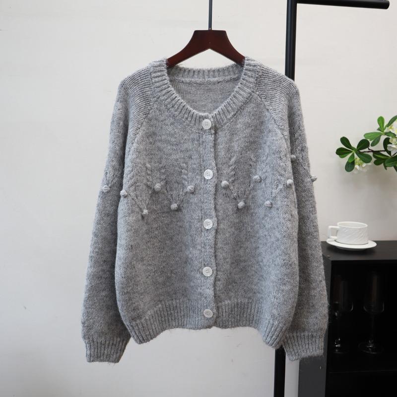 Autumn and winter new design sense heavy industry crochet knitted cardigan loose soft waxy crew neck sweater jacket women