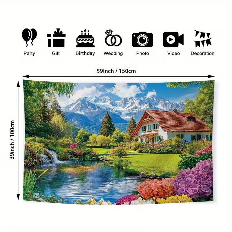 2D Swiss Chalet Scenery Tapestry for Cottagecore Aesthetic Home Decoration