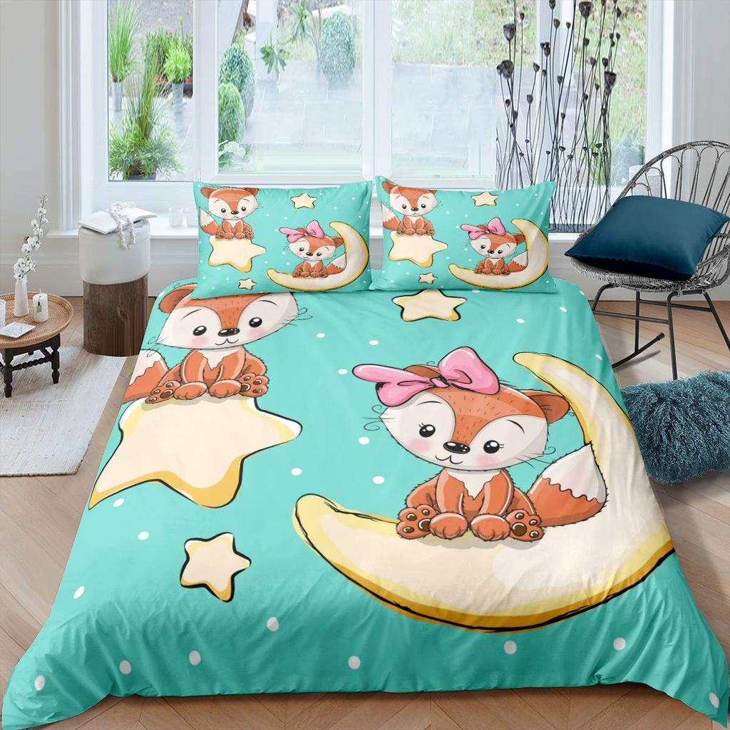 Comforter Fox Girls Cartoon Fox Bedding Set Lovely Animal Theme Comforter For Kids Teens King