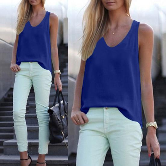 Solid Color Round Neck Sleeveless Chiffon Blouse Summer Women Vest Tank Top