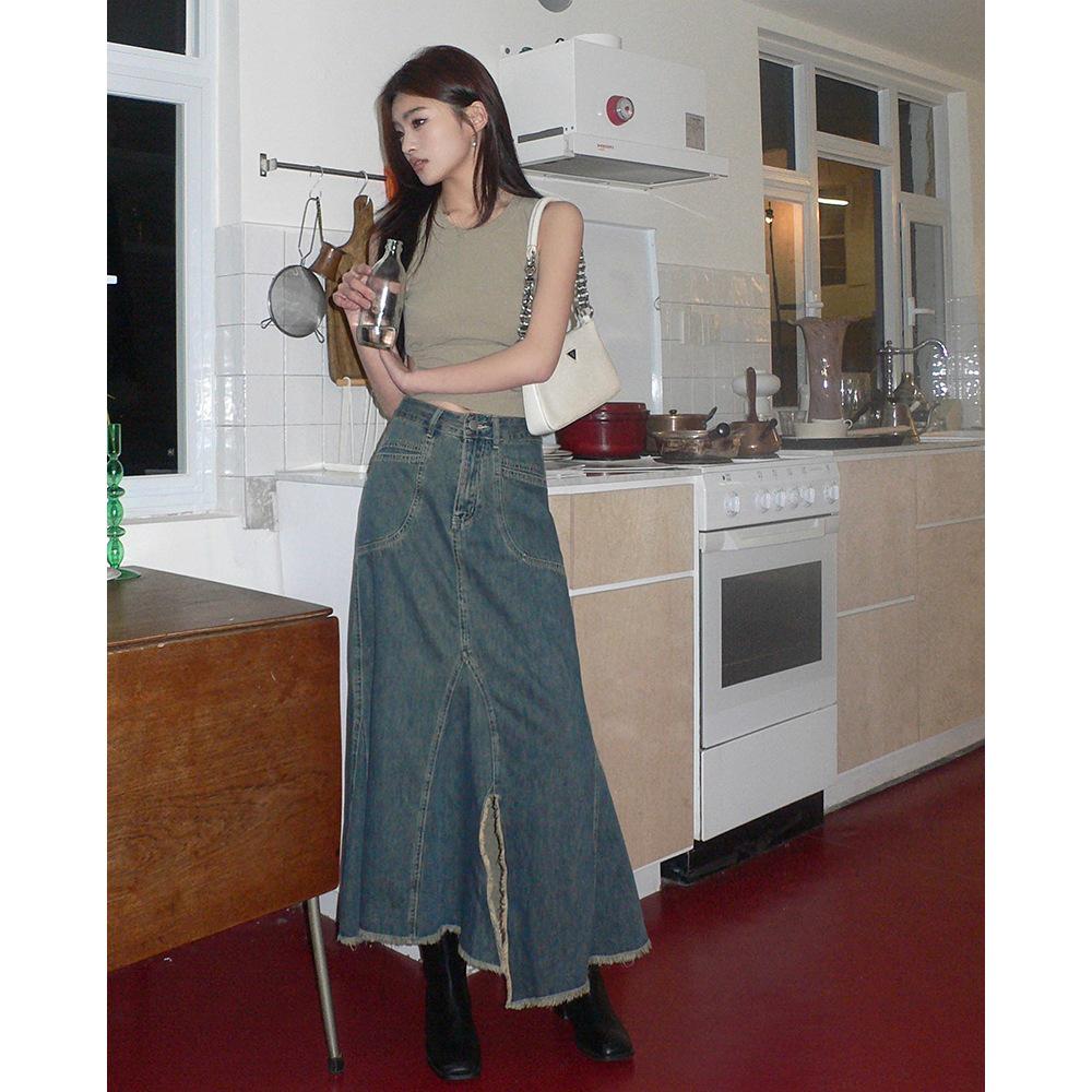 2026 Spring/Summer Women's Frayed Hem Irregular Slit Denim Long Skirt