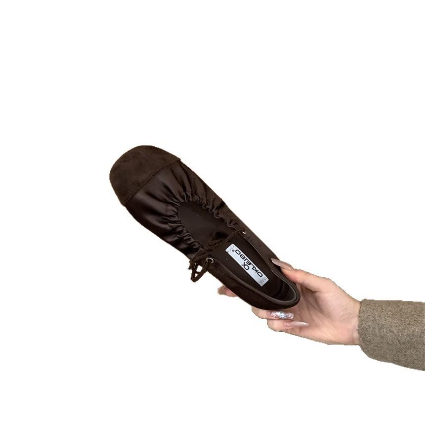 ~ Retro Pleated Lace-up Flat Mary Jane Shoes Shallow Mouth Single Shoes Women's Round Head One Pedal Ballet Shoes
