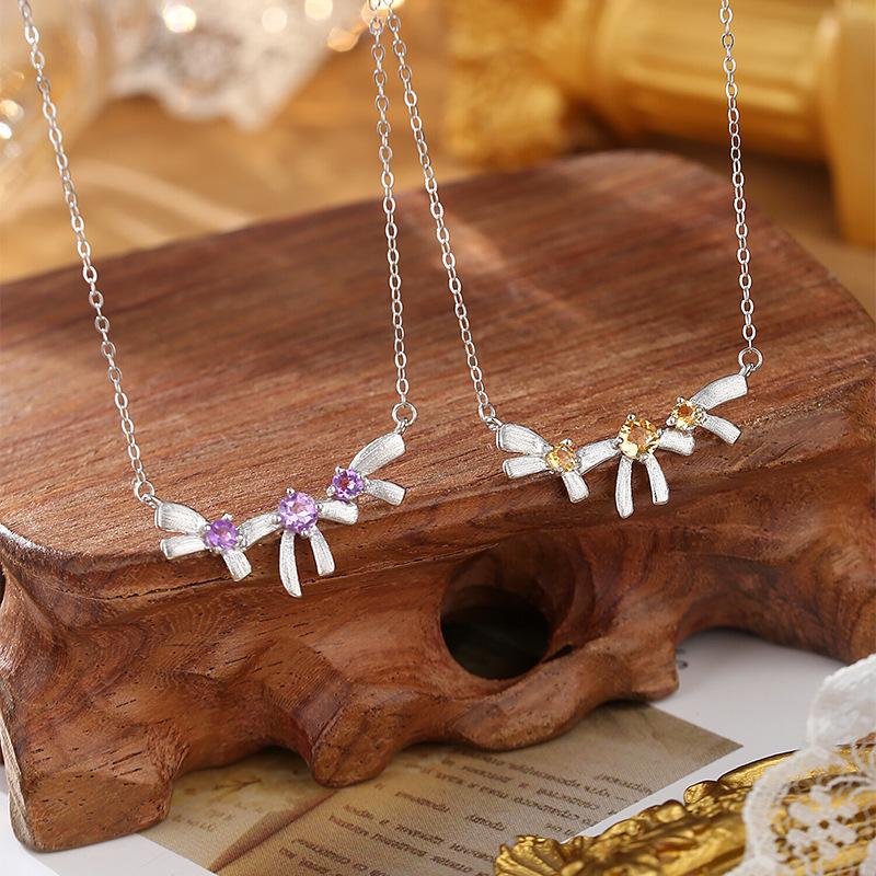 New brushed craft s925 sterling silver bow necklace women's natural crystal stone niche design jewelry