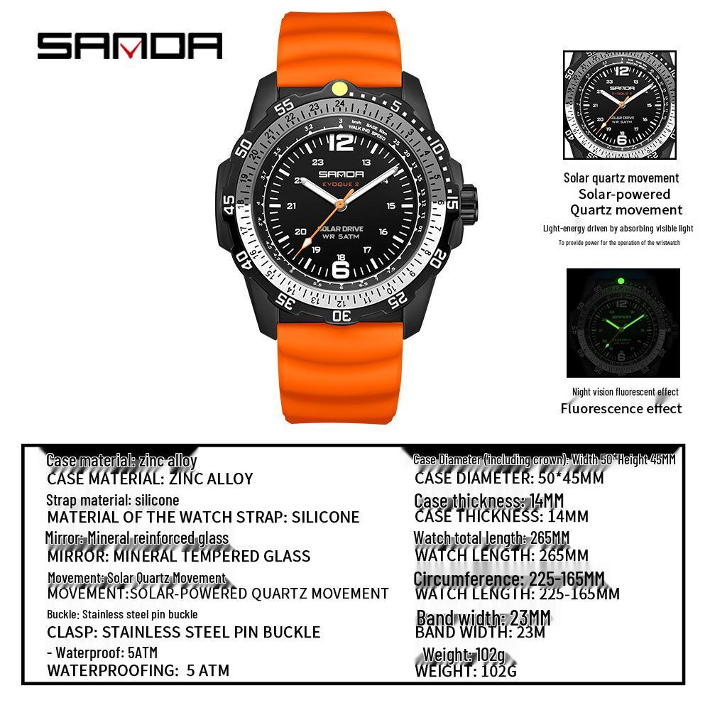 SANDA Solar-Powered Sports Watch: Durable, Waterproof with Long Battery Life and Luminous Quartz Design.