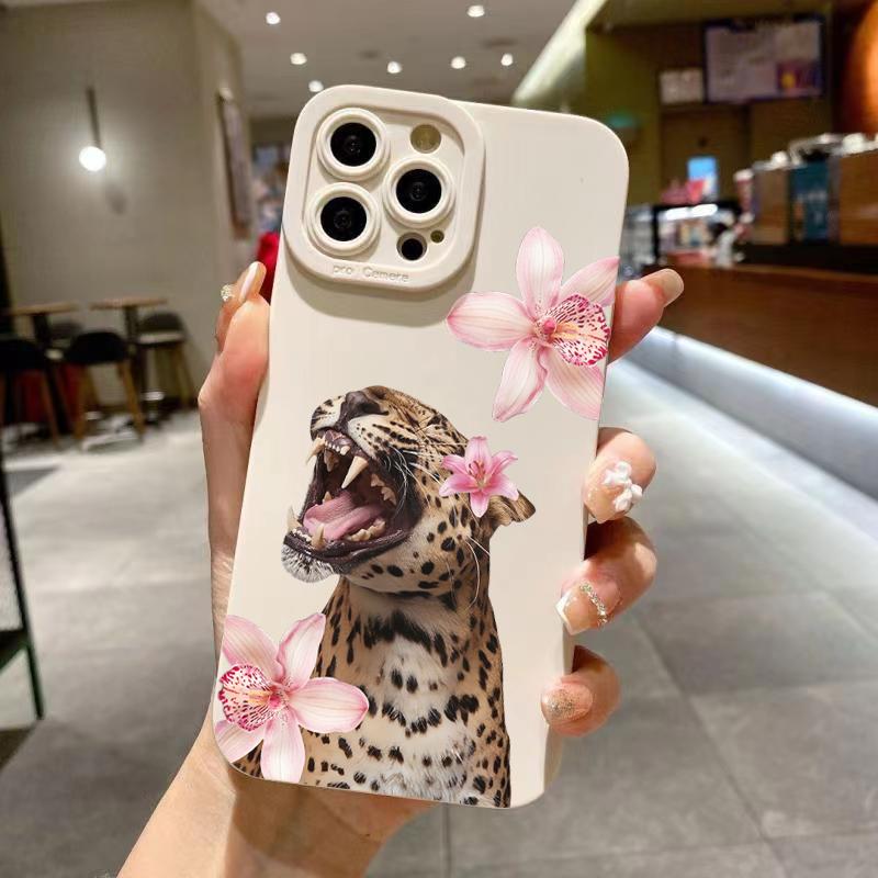 Floral Pattern Tiger And Leopard Painted Phone Case For iPhone 16 Pro Max 13 12 11 14 15 Pro Mini X XR XS Max 7 8 15 Plus Cover