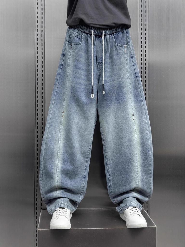 Nowość na wiosnę Męskie Ciężkie Jeansy Patchworkowe Scimitar - Luźne, Szerokie Nogawki, Prosty Krój, Długie do Ziemi Spodnie