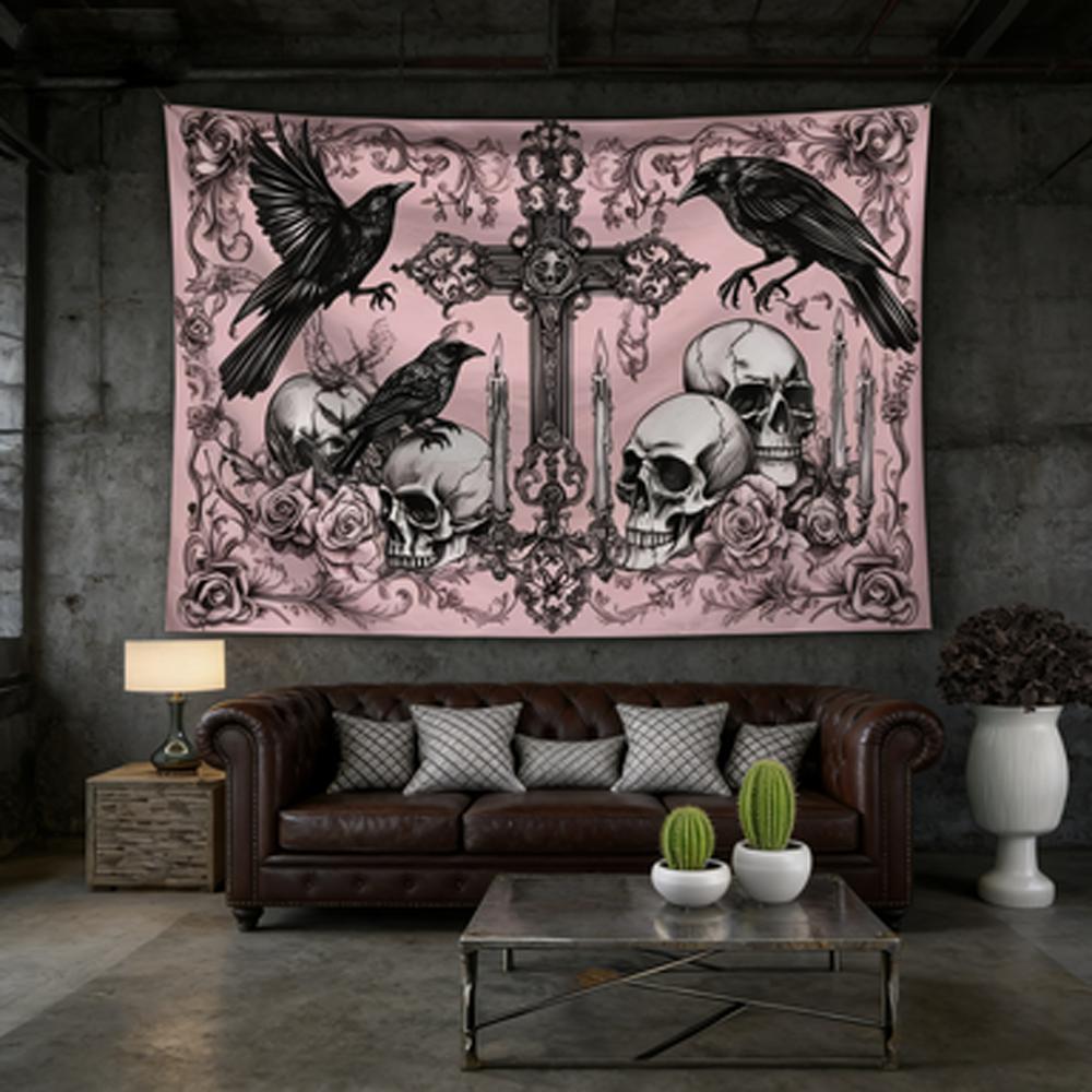 Pink And Black ColorBlocking Raven  Skull Gothic Dark Tapestry  Bedroom Headboard Wall Art Theme Decor