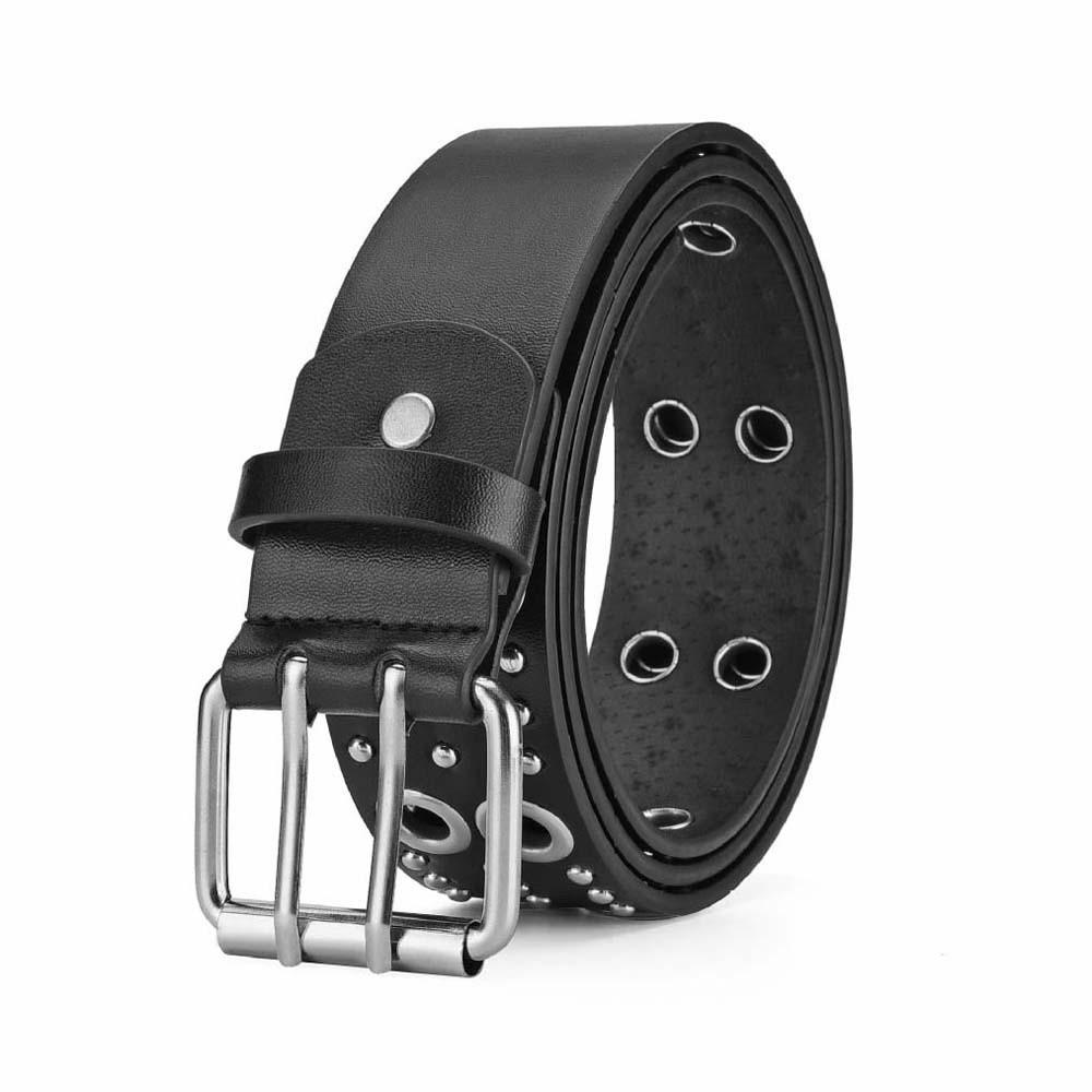 Double Row Needle Buckle Hollow Rivet Belt Adjustable Black Leather Waistbands  Women