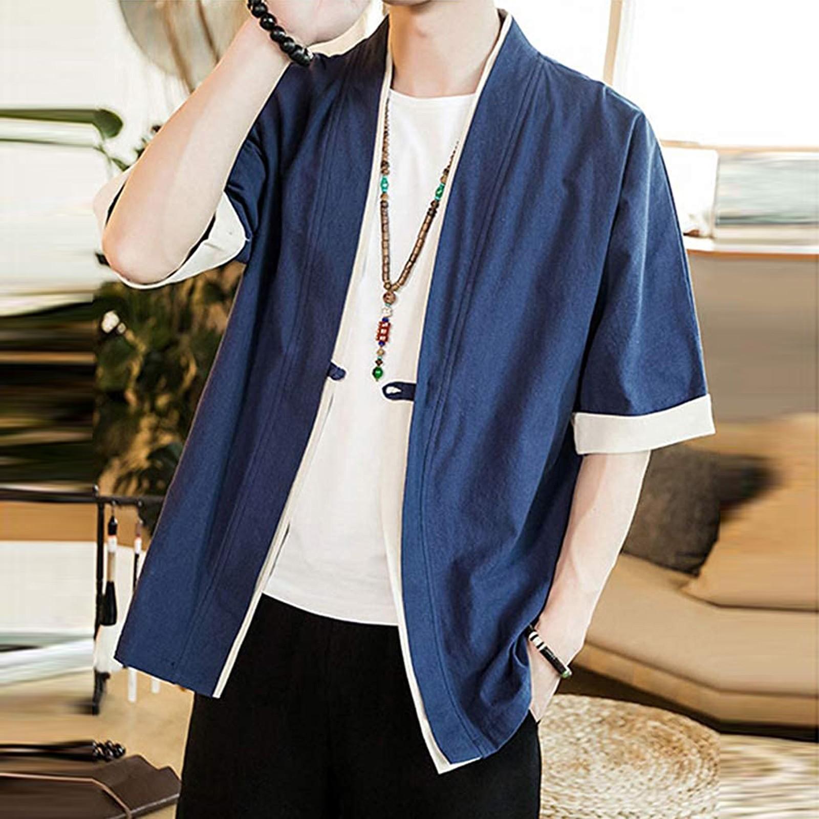 

Мужское льняное японское кимоно, кардиган на одной пуговице, куртка в древнем стиле M тёмно-синий