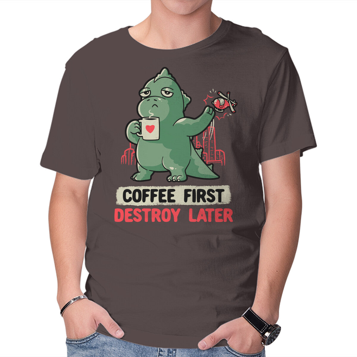 Unisex Crew Neck T-Shirt Coffee First Destroy Later Graphic Short Sleeve Casual Tee XXXXL
