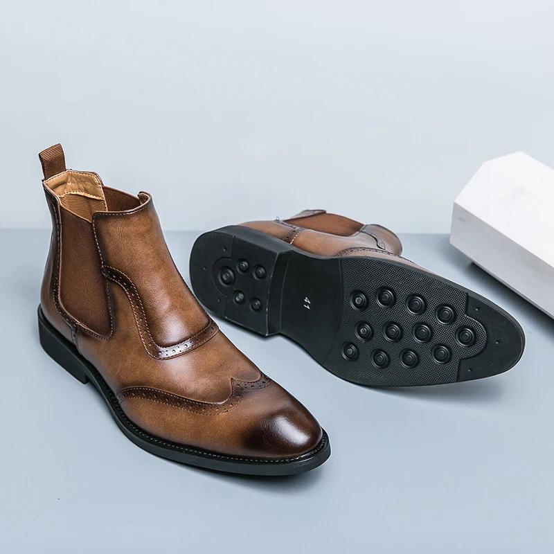 British Style Male Casual Leather Ankle Boots Classy Mens Chelsea Boots Leisure Walk High Top Shoes Outdoor Party Weddidng Shoes
