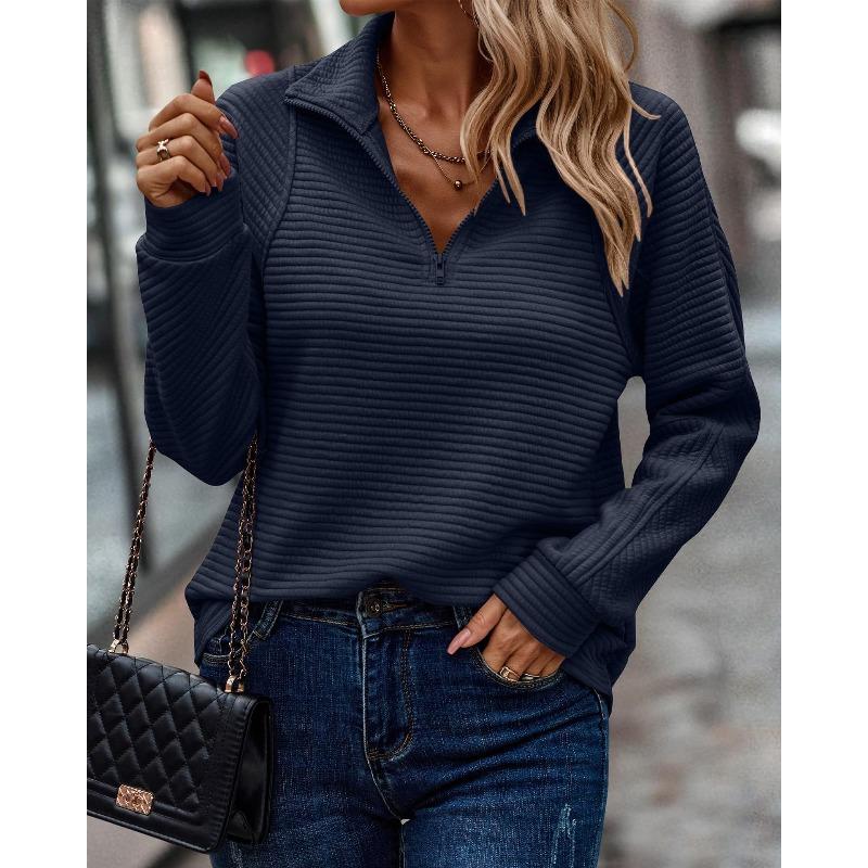 VEZFAA Women's Fashion Casual Spring Autumn Stripe Print Long Sleeve POLO Neck Blouses & Shirts
