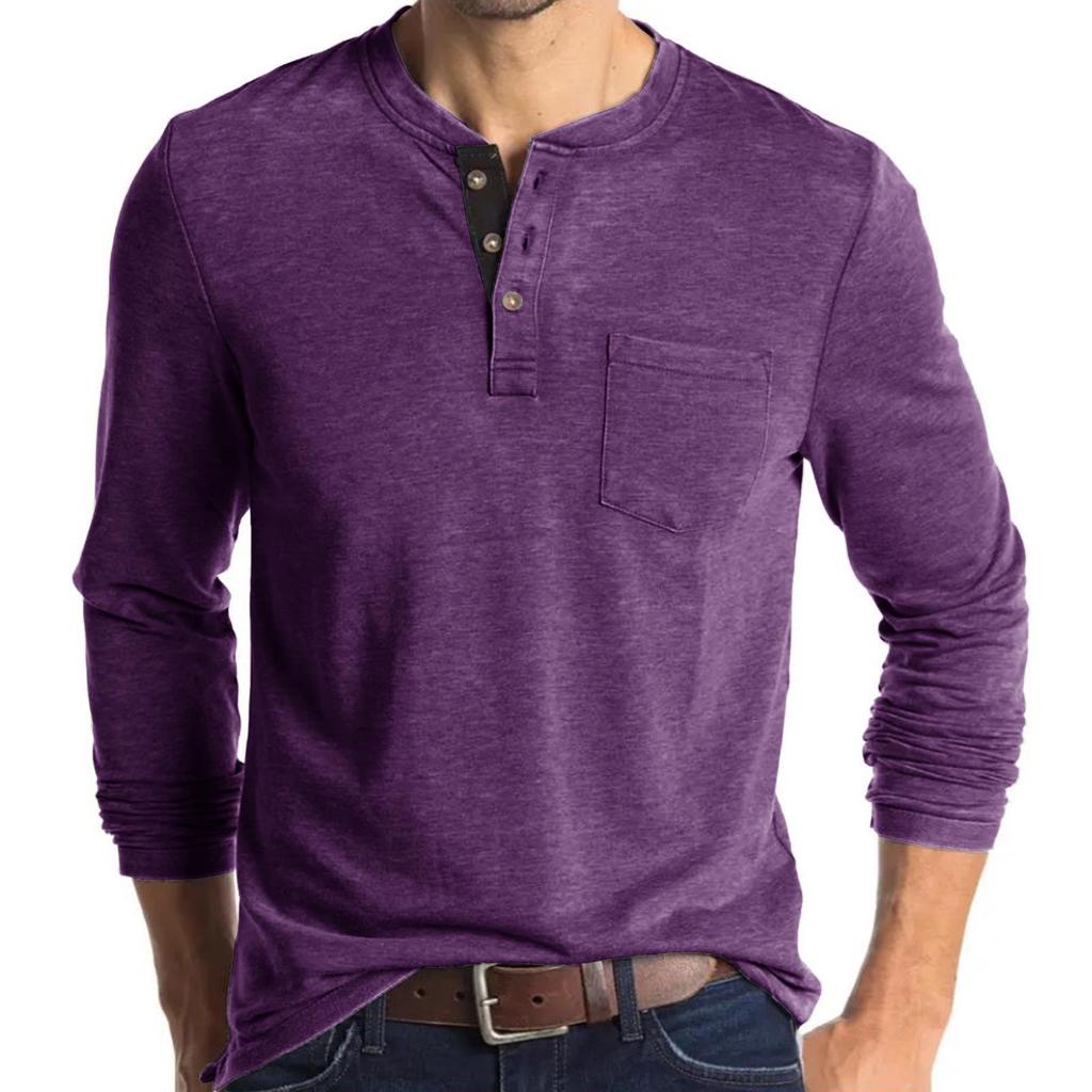 Men's Long-Sleeve Round Neck Henley Collar Base Layer T-Shirt