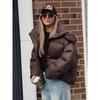 Women Autumn Hooded Short Cotton Coat Casual Brown Stand Collar Full Sleeve Loose Jacket Chic Lady Winter Office Commute Outwear
