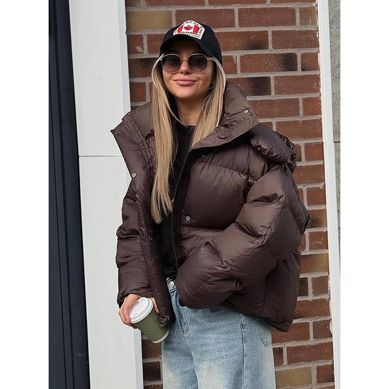 Women Autumn Hooded Short Cotton Coat Casual Brown Stand Collar Full Sleeve Loose Jacket Chic Lady Winter Office Commute Outwear