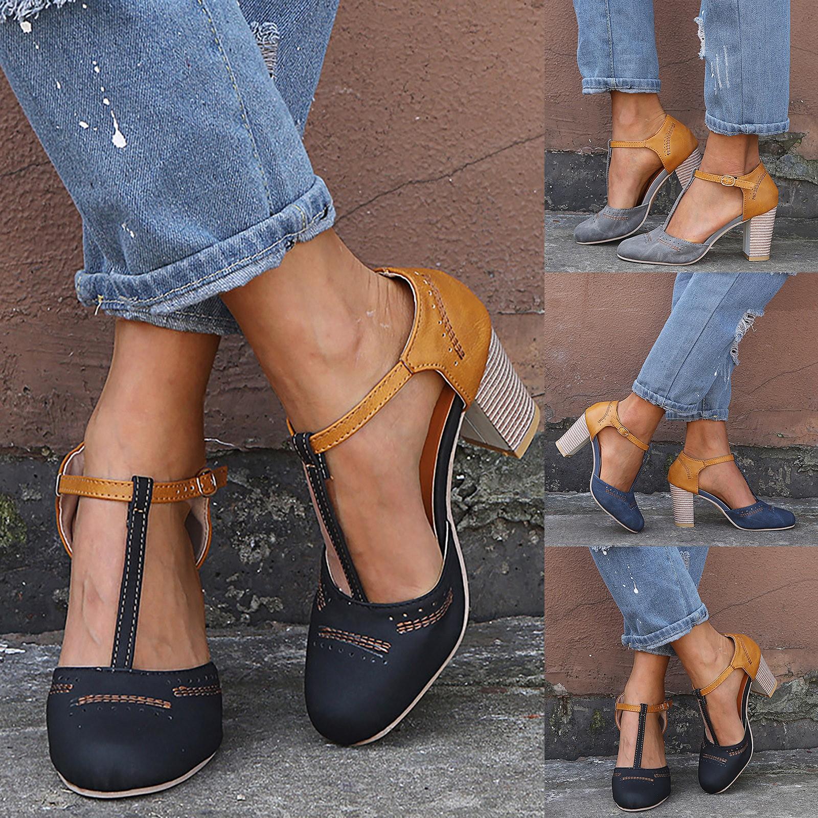 

Женские босоножки большого размера на высоком каблуке с полыми двойными цветными блоками и толстым каблуком с пряжкой