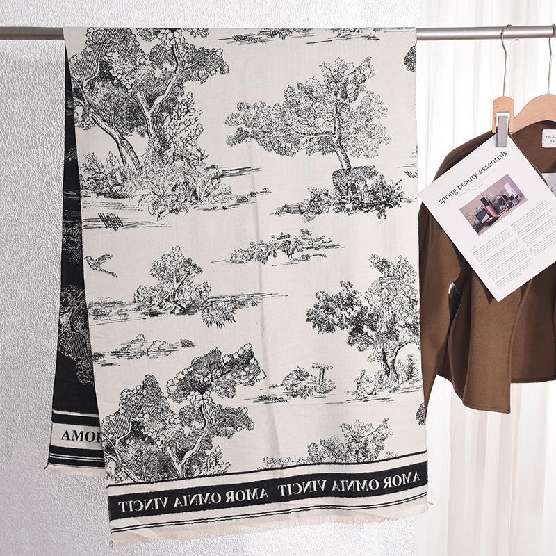 

Ретро Тренд Жаккардовый Черно-белый Пейзажный Шарф из Имитации Кашемира Японский и Корейский Осенне-зимний Женский Офисный Теплый Длинный Платок 67*185