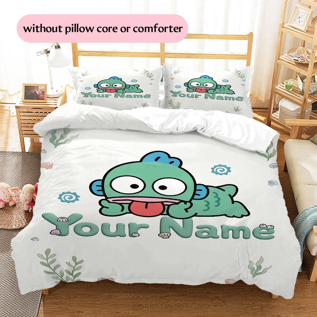 Custom Name,Cartoon Keroppi Hangyodon Series Pattern Bedding Home Decoration Birthday Gift ( 1 duvet cover + 2 pillowcase, without core),fan merchandi