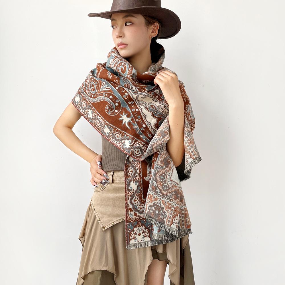 Retro cashew flower orange shawl women's autumn and winter travel versatile multi-functional warm scarf double-sided scarf