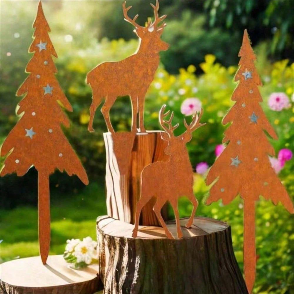 4 Pack Rustic Iron Deer Forest Art, Large Tree Sculpture Garden Decor for Lawn Yard Outdoor Indoor