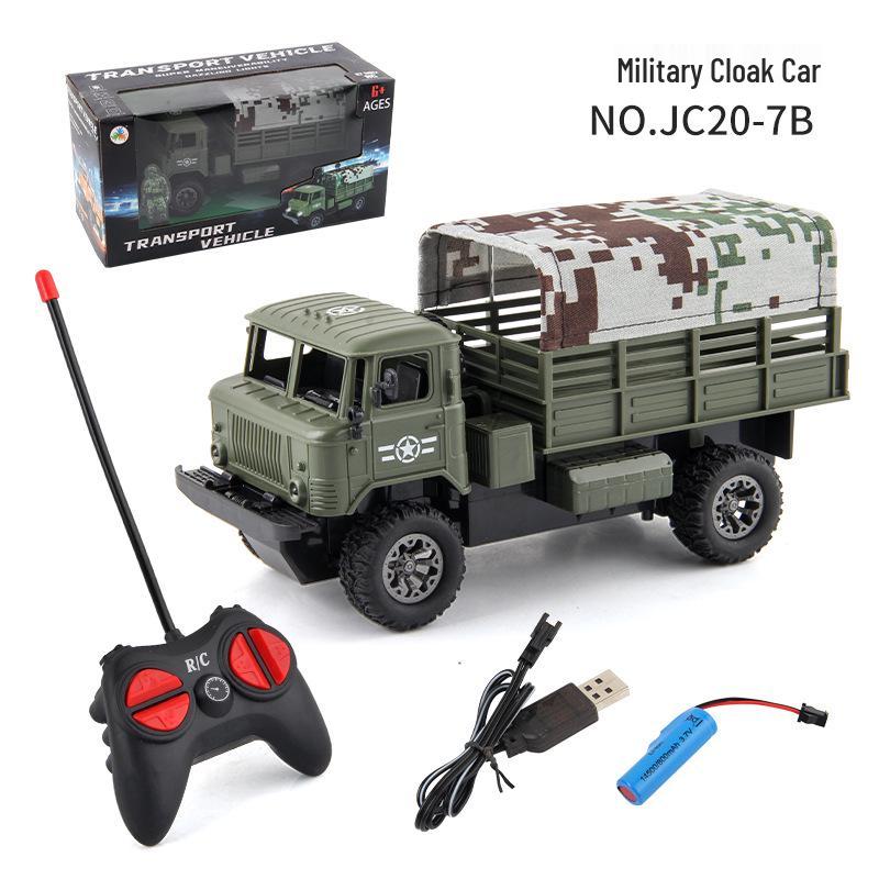 Four-Wheel Drive RC Military Transport Vehicle with USB Charging, LED Lights, and Climbing Rubber Tires