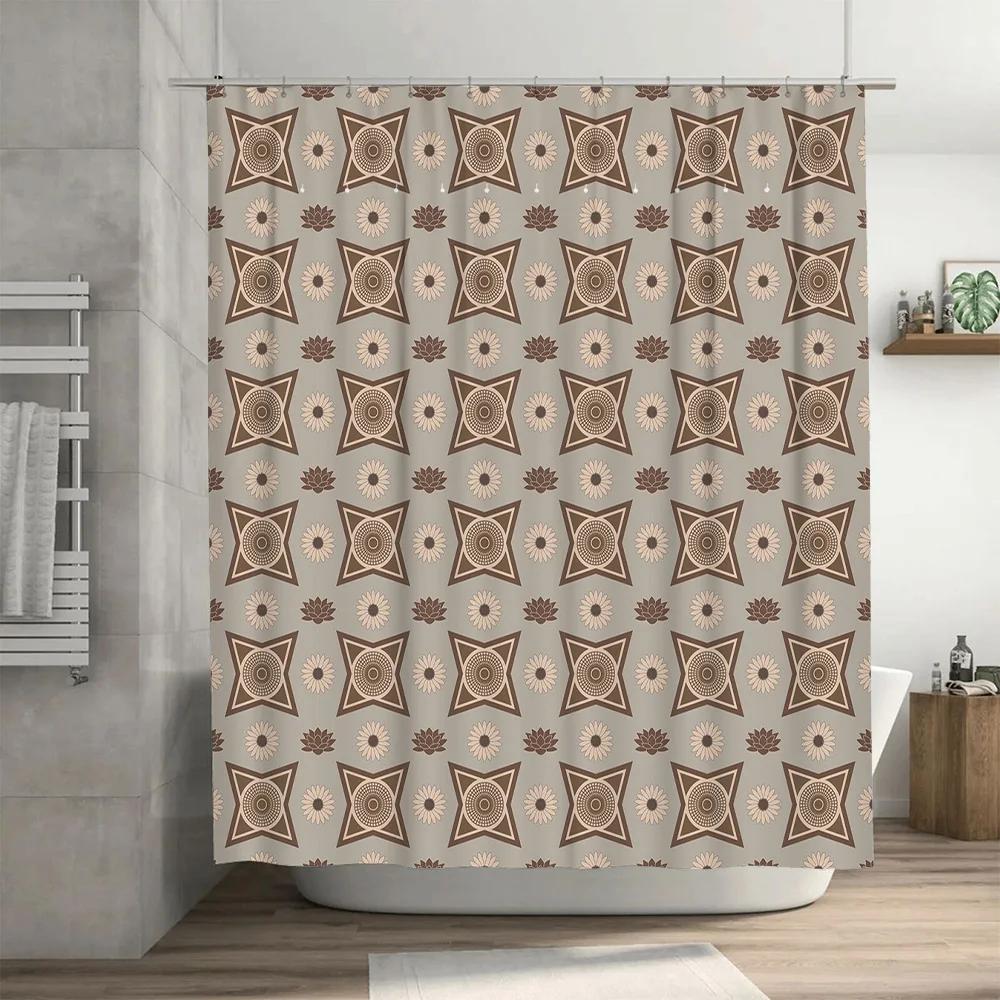Kaleidoscope Shower Curtain Decor Modern Bath Linen with Flower Star Print for Bathroom Decoration Light Brown Set with Hooks