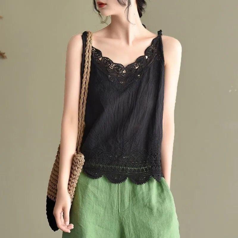 

Летняя ретро-блузка из хлопка и льна, художественная простая тонкая универсальная базовая рубашка, жилет из лесного кружева для женщин One size чёрный