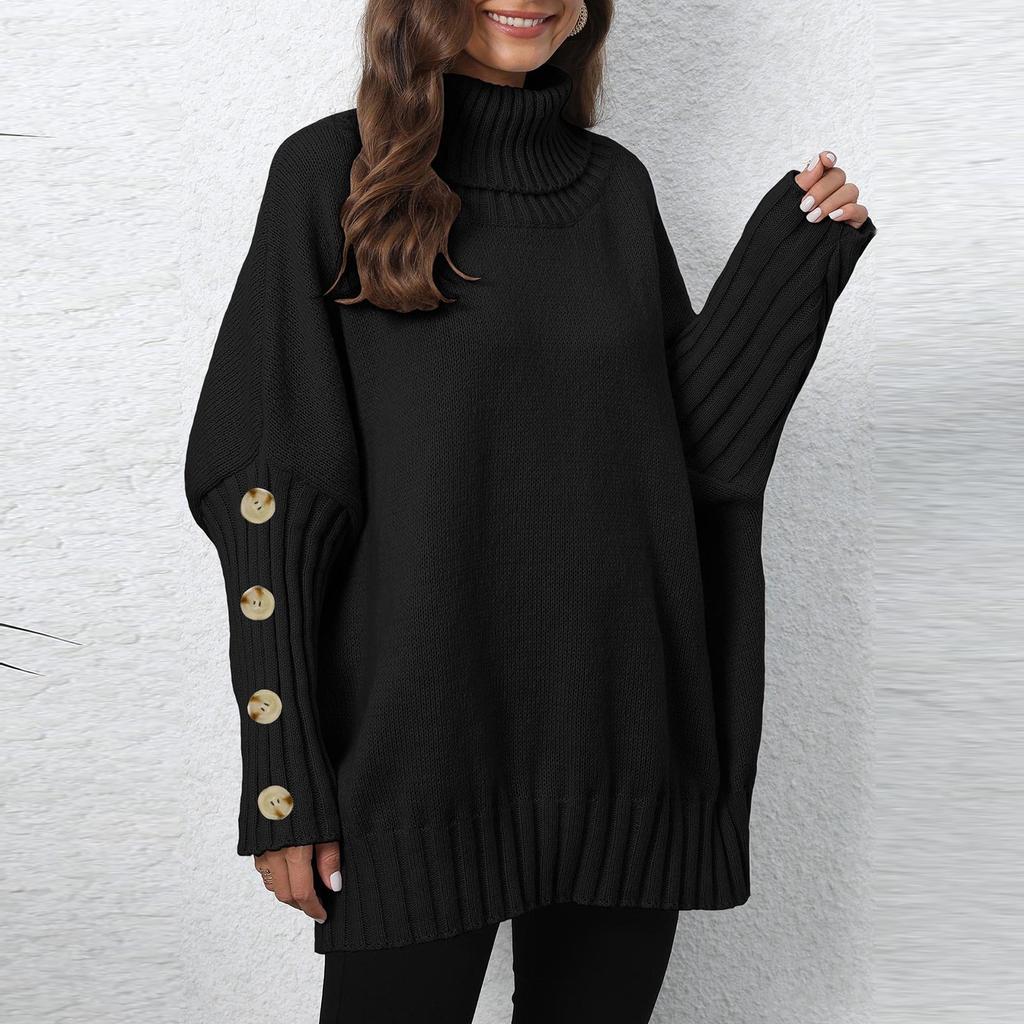 Women's  And Winter Pullover Sweater Button Knit Solid Color Lapel Loose Woven Sweater Top