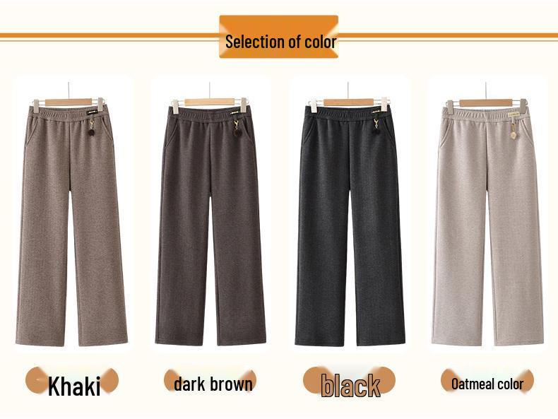 2025 Autumn/Winter Plus Velvet Thickened Elastic Waist Straight-Leg Casual Pants for Middle-Aged and Elderly Women