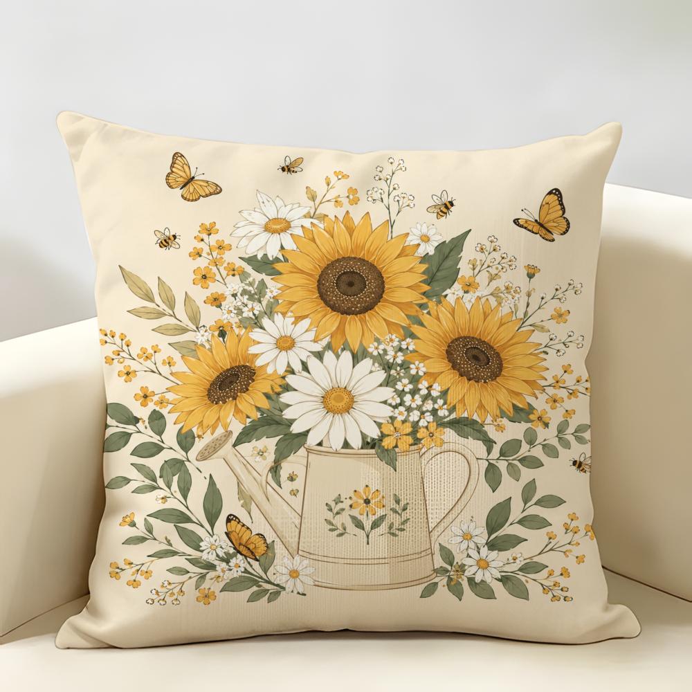Floral Sunflowers Daisies Bees Butterflies Cushion Cover Durable Hypoallergenic Linen Pillow Cover Washable SkinFriendly