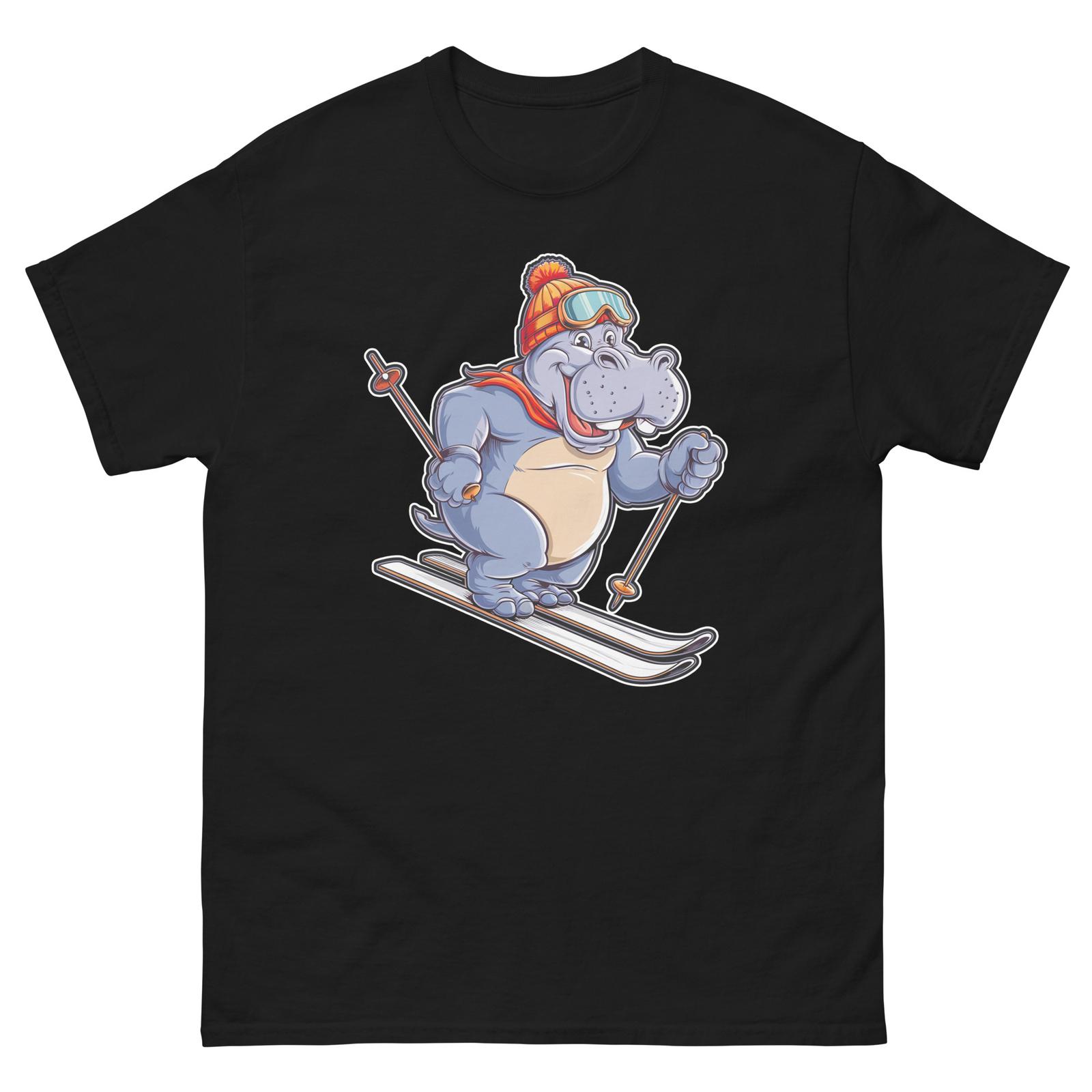 Hippo Skiing Skier Fun Cartoon Ski Shirt T-Shirt L