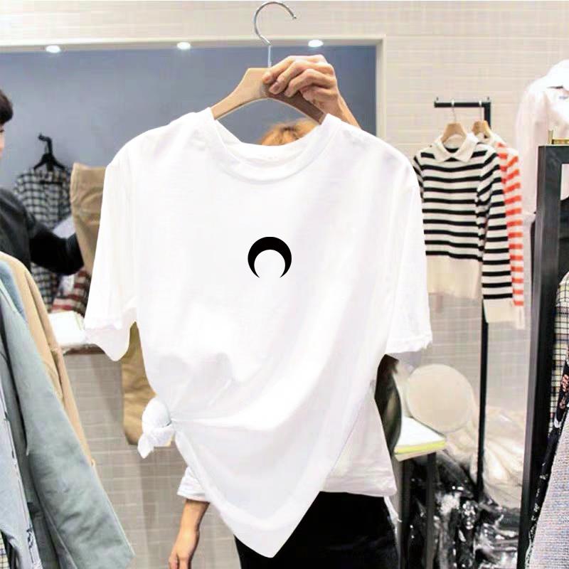 Cotton T Shirt for Women Korean Fashion Loose Teen Oversized Tops on Plus Sale White Black Aa M