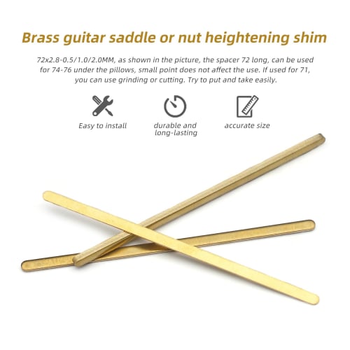 MAXCHEER 3-Piece Brass Saddle/Nut Height Adjustment Shim with Durable Gasket, 72x2.8mm, 3 Thicknesses: 0.5/1.0/2.0mm, Luthier Tool