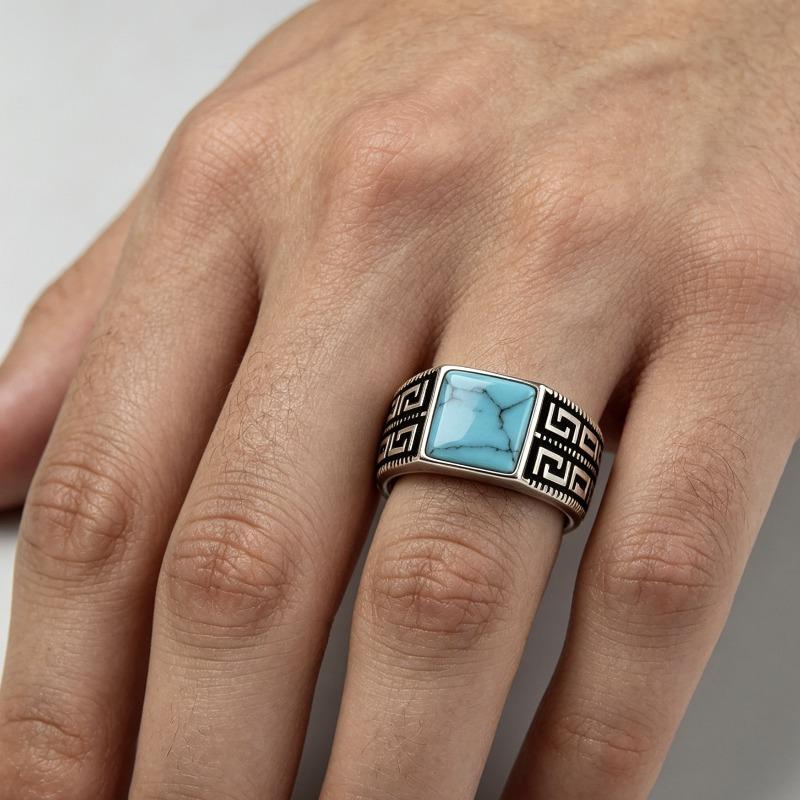 2026 New Men's Ring, Simple and Fashionable Square Diamond Blue Turquoise Men's Ring Striped Personalized Ring Tide