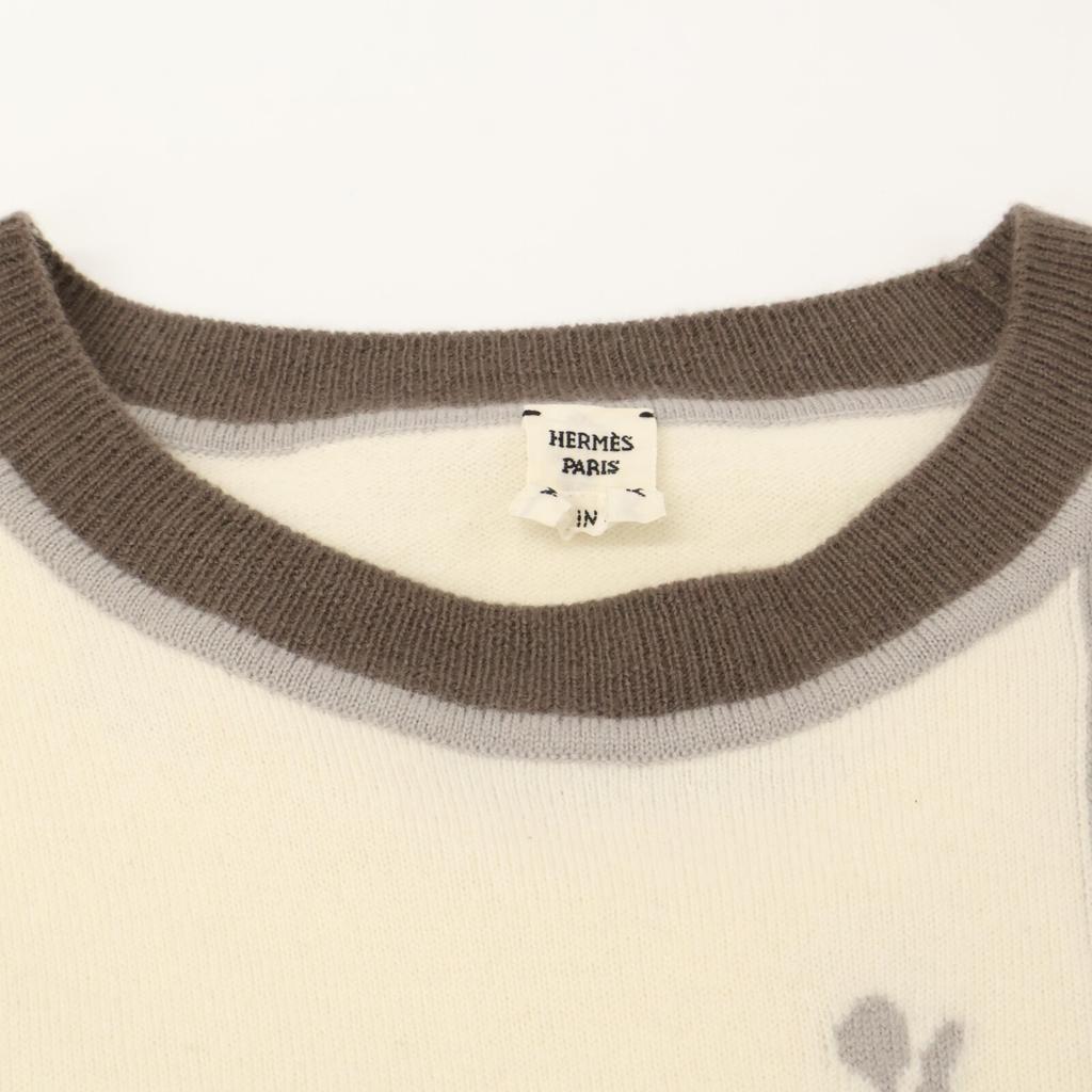 Hermes 24 Stainless Steel Cashmere Blend Stirrup Embroidered Short Sleeve Knit Tops 36 IvoryUsed
